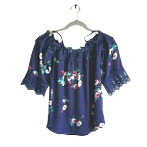 IZ BYER Floral Lace Trim Off-Shoulder Blouse Size Small